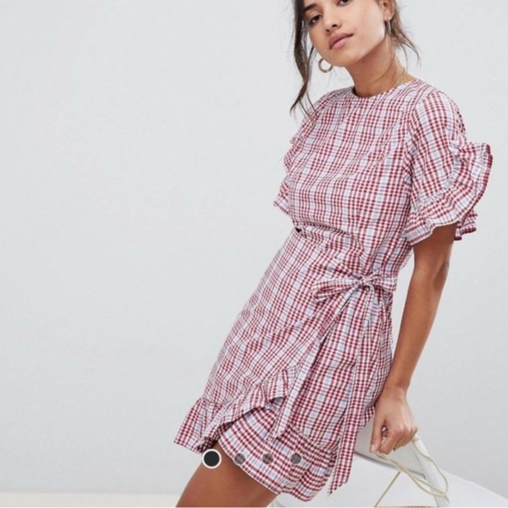 ASOS Red Plaid Mini Dress with Ruffle Sleeves